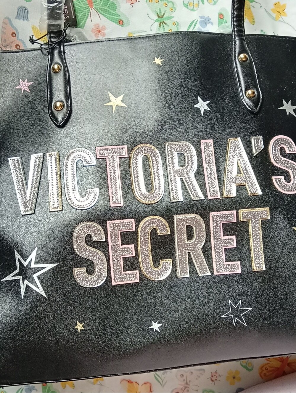 Retro Victoria's Secret Black Tote with Metallic Multicolor Lettering and Stars